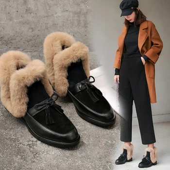 2020 žieminiai moteriški batai, suapvalinti tne mažo kulno trumpas pliušinis šiltas moterų batai bowknot natūralios odos moteriški batai