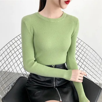 2021 pavasarį ir rudenį naujos apvalios kaklo vientisos spalvos ilgomis rankovėmis megzti marškinėliai moterims
