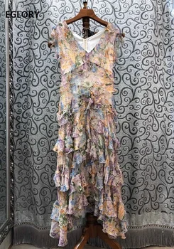 Aukščiausios Kokybės Šilko Ilga Suknelė 2020 Metų Vasaros Stiliaus Moterų V-Kaklo Chaming Gėlių Spausdinti Domino Pynimas Rankovių Ilgio Maxi Suknelė