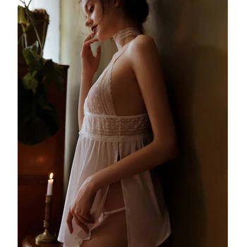 Baltos Seksualus apatinis Trikotažas Nėrinių Babydoll Satino Susiuvimo Žr.-per naktiniai marškinėliai Moterims Pižamą Sleepwear Elegantiškas Naktį Suknelė Erotika