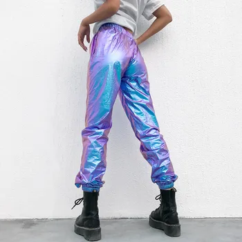 Darlingaga Hip-Hop holografinis aukšto liemens kelnės moterims poilsiu streetwear šokių track pants kelnės elastinga vasaros 2020 apačioje