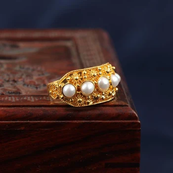 Gamtos Hetian jasper pearl atidaryti žiedas Kinijos retro stiliaus rūmai unikalus senovės aukso amatų žavesio moterų sidabro papuošalai