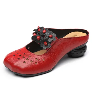 GKTINOO 2020 metų Vasaros Folk Stiliaus natūralios Odos Moteriškos Šlepetės Moterims, Batai Originalus Vintage Minkšto Dugno Tuščiaviduriai Iš Gėlė, Sandalas