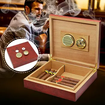 Kedro Medžio Liniuotas Cigarų Humidoras Saugojimo Bylos Dėžutė su Drėkintuvas Drėgmėmačiu AUG889