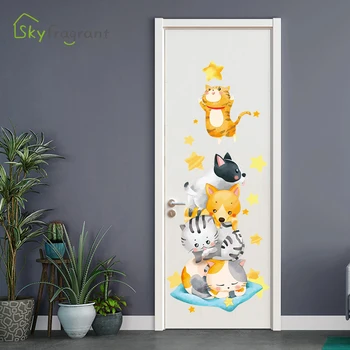 Kūrybos siena lipdukas animacinių filmų cute kačių ir šunų durų dekoro, sienų dekoras vaikų kambario, apdaila, namų dekoro lipnios etiketės