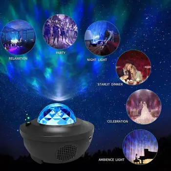 Led muzika dangaus projekcija, lempa / USB kabelis, led belaidžio ryšio balso kontroliuojama lazerio radžio lempos dangaus žvaigždė liepsna vandens juostele lempos