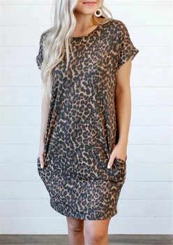Leopardas Spausdinti Atidaryti Kišenėje Mini Suknelė Moterims Tuščiaviduriai Iš Vasaros Suknelės trumpomis Rankovėmis marškinėlius Suknelė 2020 Atsitiktinis Palaidų Suknelė