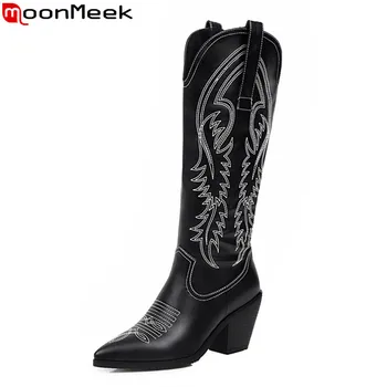 MoonMeek 2020 plus size 33-47 kelio aukštosios mados batai aukštakulniai moteriški bateliai solid black pu odos pažymėjo tne moterų batai