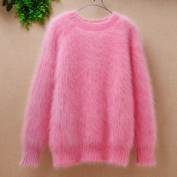 Moterų moterų saldus rožinis šiltas mink kašmyro megztinių o-kaklo ilgio rankovėmis prarasti žiemos puloveris angoros triušio plaukų megztinis megztinis
