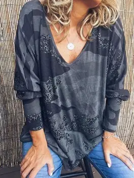 Moterų V-kaklo Spausdinti Long Sleeve T-Shirt Marškinėliai Atsitiktinis Kamufliažas Prarasti Viršų