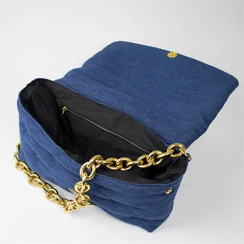Nauja rudens džinsinis audinys dygsniuotas pečių maišą moterys, ponios aukso grandinės clould flap bag mėlyna žemyn medvilnės pažasties krepšys