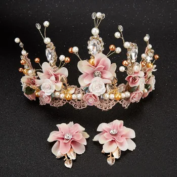 Saldus rožinė nuotaka rankų darbo puošnios nėrinių tiara corone karūna tocados para novias keraminių gėlių plaukų šukuosena