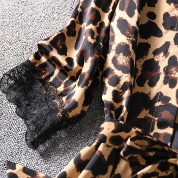 Satino 2VNT Nighty&Skraiste Kostiumas Moterims Leopard Sleepwear Pižamą Sexy Nėrinių Intymus apatinis Trikotažas Chalatas Kimono Suknelė Namų Drabužiai