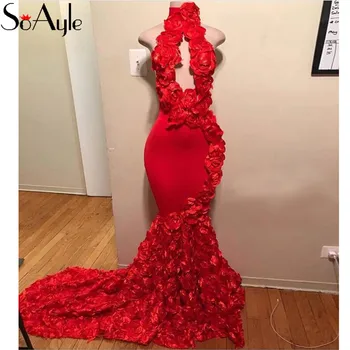 SoAyle Undinė 2019 Vakare Gown Ilgas, Aukštas Kaklas Rožės Prom Dresses Raudona Vintage Drabužius de Soiree Abendkleider