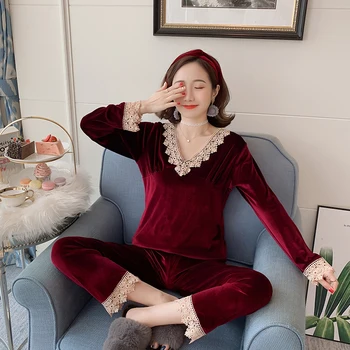 V-kaklo Paprastas Nėrinių Stiliaus Moteris Flanelė Pižama Nustatyti 2020 m. Žiemą Šilta Namų Drabužiai Nustatyti Visas Ilgis Tirštėti Moterų 2Piece Sleepwear Rinkinys
