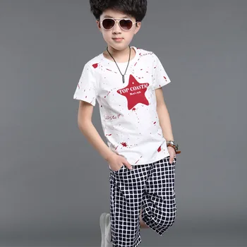 Vasaros berniukų drabužiai rinkiniai medvilnės vaikams drabužių 2vnt star spausdinti trumpas rankovės marškinėliai+kelnės,berniukų drabužiai tinka 5-11 metų
