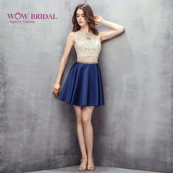 Wowbridal Mėlynos ir Baltos spalvos Trumpą Homecoming Suknelės 2021 Nauja Junior High 8 Klasės Baigimo Suknelės Dviejų dalių Trumpą Suknelę