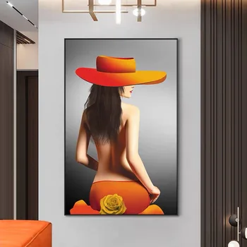 Šiuolaikinio Abstraktaus Seksualus Orange Didelis Skrybėlę, Moteris, Plakatų ir grafikos Drobės, Paveikslai, Sienos Menas Nuotraukas Kambarį Dekoro (be Rėmelio)